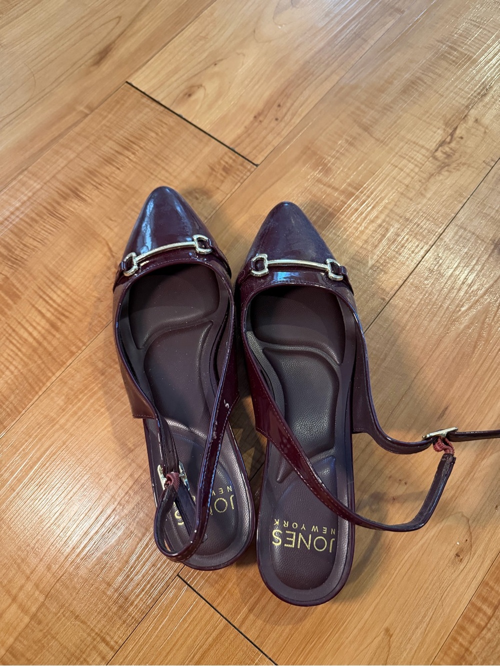 Jones New York Burgundy Patent Slingback Flats with Gold Buckle